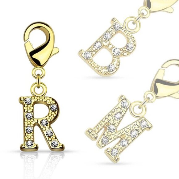 BEAUTIFUL GOLD FINISH INITIAL MULTI-PURPOSE CHARM WITH DASHING CZS - Picture 1 of 1